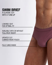 Infographic explaining the classic cut with a tune-up Swim Brief by BANG! Clothes. These men swimsuit is low-rise seat for optimal fit, available with or without 'Full-Pack' insert, comfier front pouch, and fully lined inside.