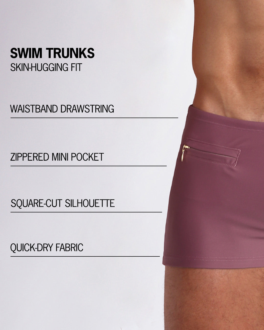 Infographic explaining the Swim Trunks swimming shorts by BANG! These Swim Trunks have a skin-hugging fit, have a wasitband drawstring, zippered mini pocket, square-cut silhouette and quick-dry fabric.