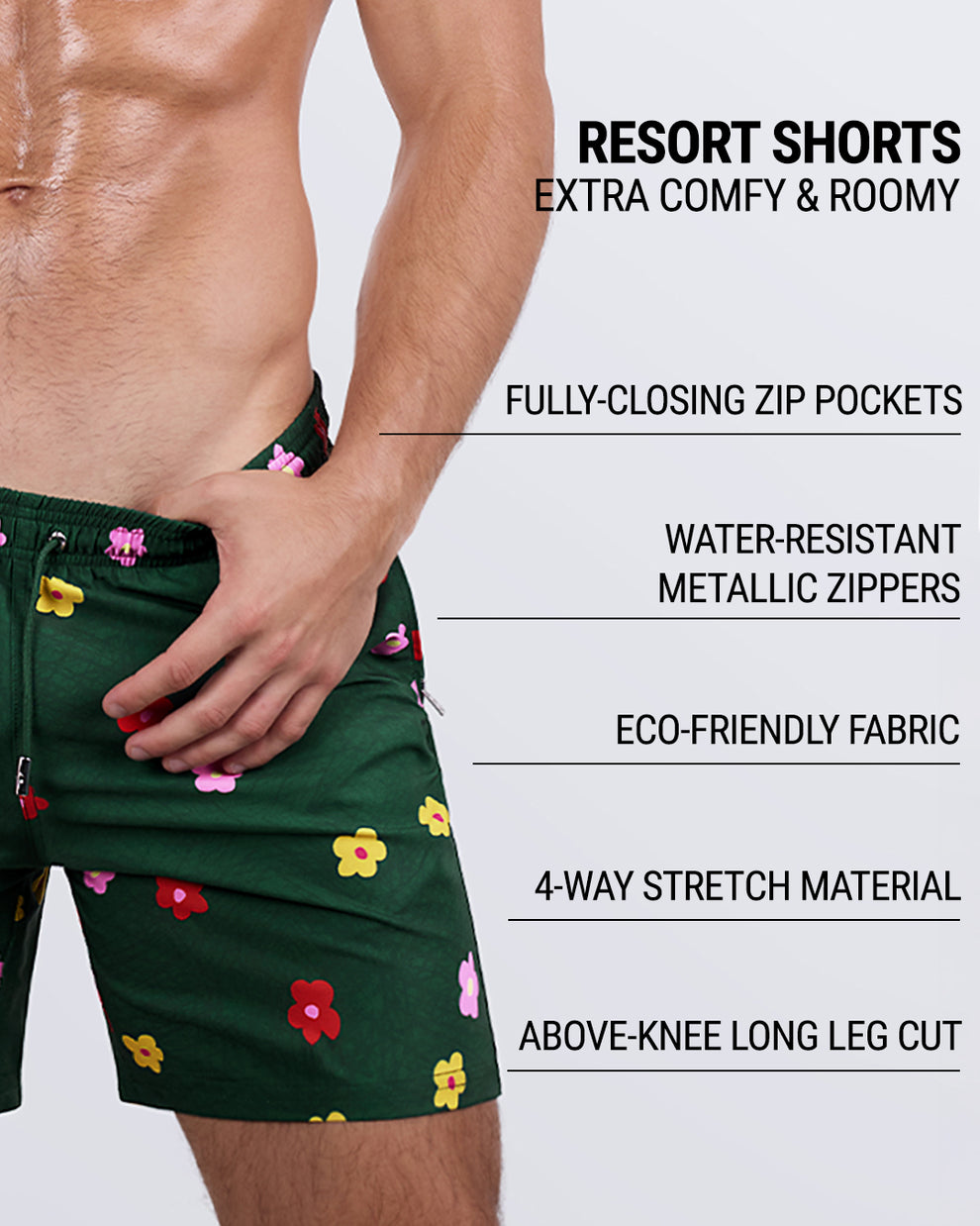 Detailed close-up of the BUY MYSELF FLOWERS Resort Shorts by DC2 Miami, showcasing key features: roomy, above-the-knee leg cut, elastic waistband with an adjustable drawstring, fully-closing zip pockets, water-repellent fabric, metallic water-resistant zippers, and premium four-way stretch material.