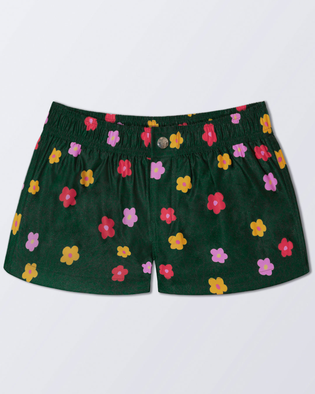 DC2 BUY MYSELF FLOWERS Mini Shorts — front view with colorful floral print on deep green fabric.