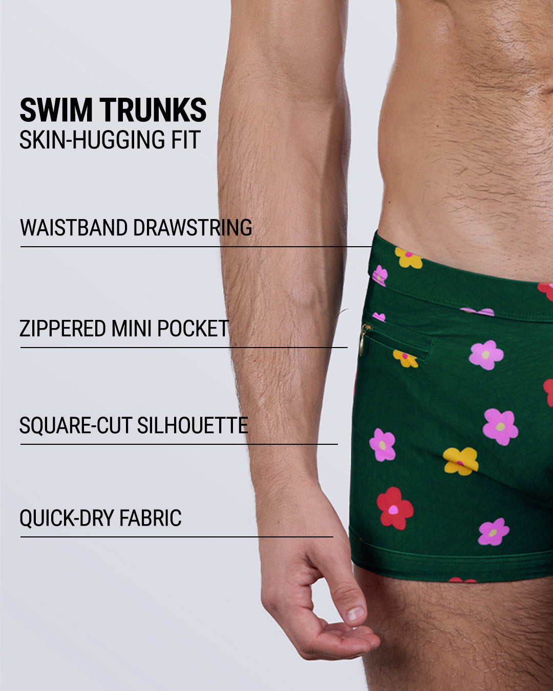 BUY MYSELF FLOWERS men’s square-cut swim trunks feature quick-dry fabric, floral design, secure mini zipper pocket, supportive skin-hugging fit, and vibrant color palette for bold resortwear energy.