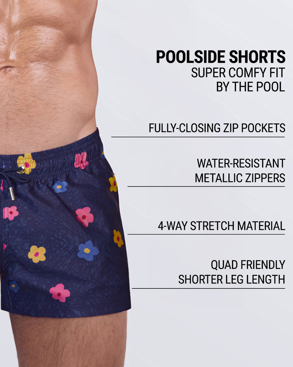 Product features graphic of DC2 Poolside Shorts — water-resistant, zip pockets, quad fit, 4-way stretch.
