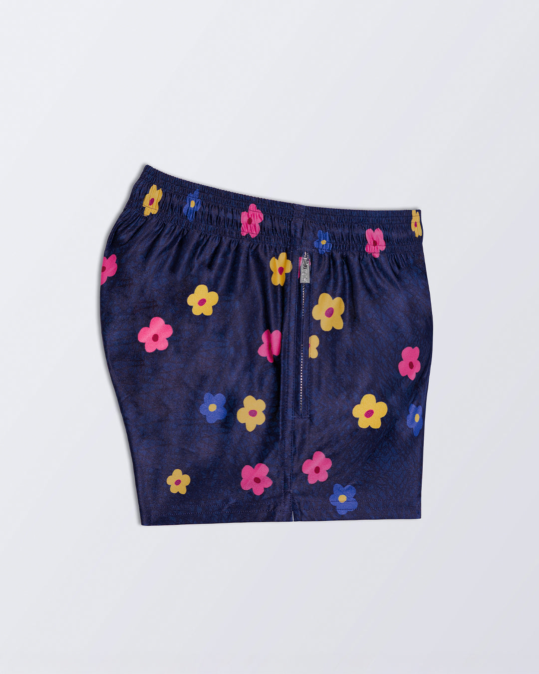 DC2 BUY MYSELF FLOWERS (COOL) Poolside Shorts — side view showing zip pocket and bright flower accents.