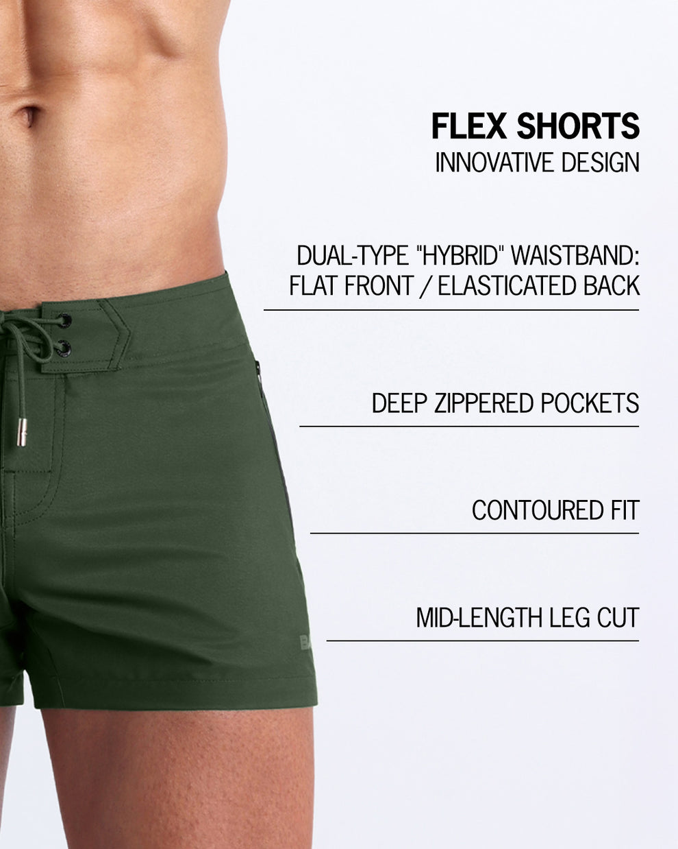 Infographic showing the flexibility of the shorts with a flat style at front and elastic back side. 