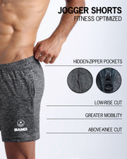 The BANG! GROOVEJET Jogger Shorts - designed with sweat-wicking fabric to keep you cool and dry, hidden zipper pockets to keep your essentials safe, a low-rise cut for a comfortable fit, and an above-knee length for maximum mobility. 