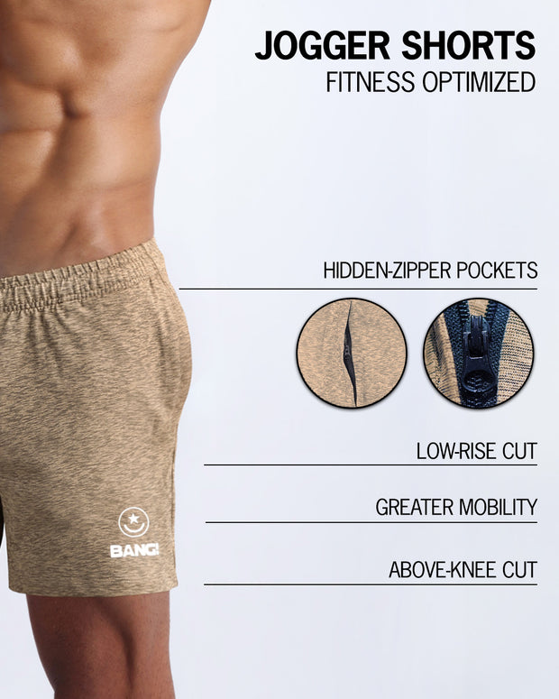 The BANG! HARDCORE SEPIA Jogger Shorts - designed with sweat-wicking fabric to keep you cool and dry, hidden zipper pockets to keep your essentials safe, a low-rise cut for a comfortable fit, and an above-knee length for maximum mobility. 