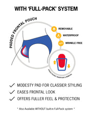 Infographic explaining the 'FULL-PACK' SYSTEM features modesty pad, offers fuller feel and protection. It's removable, waterproof, and wrinkle free #color_white