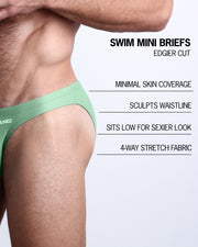 Infographic explaining the edgier cut of the Swim Mini Briefs. Features sculpt waistline, 4-way stretch fabric, sits low for sexier look, and has quick-dry material.