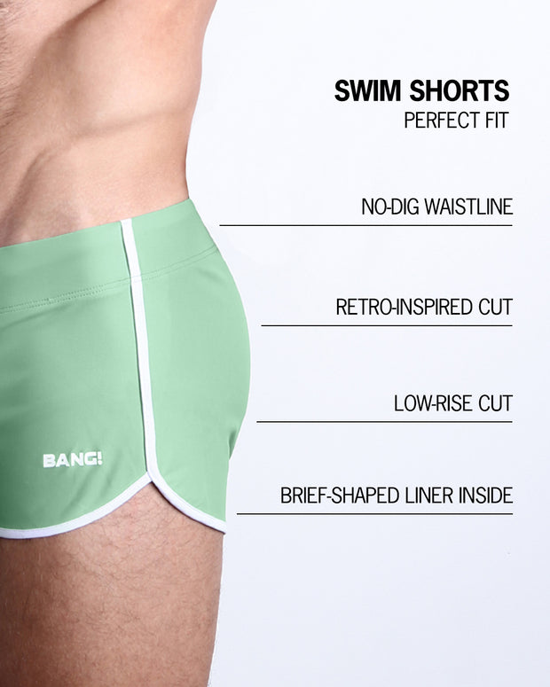 Infographics explaining how perfect the BANG! Clothes Swim Shorts in CABANA GREEN are. They&
