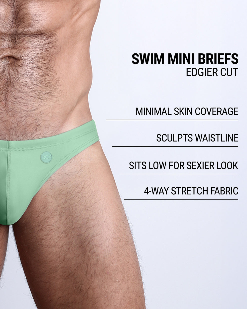 Product details graphic of Cabana Green Swim Mini Briefs — showcasing edgy cut, 4-way stretch, and sexy low-rise styling.