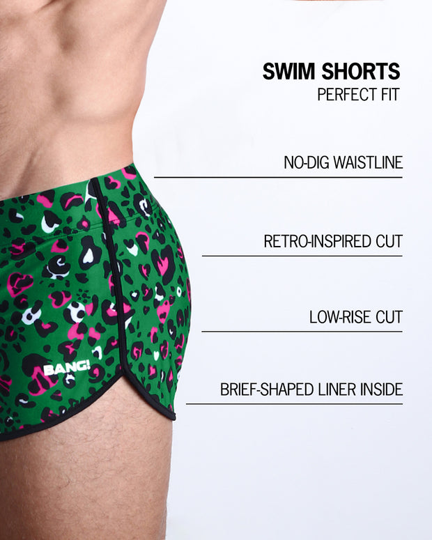 Infographics explaining how perfect the BANG! Clothes Swim Shorts in CAMO CHAMELEON are. They have a no-dig waistline, retro-inspired cut, low-rise cut, and have a brief-shaped liner inside.