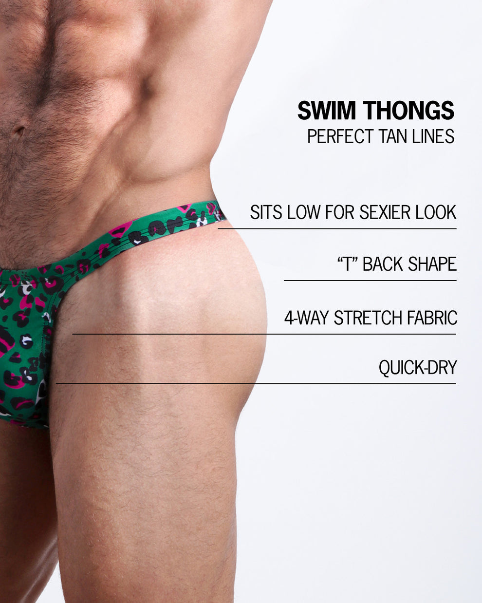 Infographic explaining the many features of the BANG! Clothes Swim Thongs. These Summer speedo fit men's swimsuit is perfect tanning, they sit low for sexier look, "T" back shape, 4-way stretch fabric, and are quick-dry.