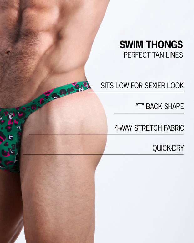 Infographic explaining the many features of the BANG! Clothes Swim Thongs. These Summer speedo fit men&