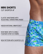 Infographic explaining the many features of Bang!'s Mini Shorts. These MINI SHORTS have elastic waistband with adjustable drawstring inside, hidden internal mini-pocket, 4-way stretch fabric, and are quad friendly with shorter leg length. 