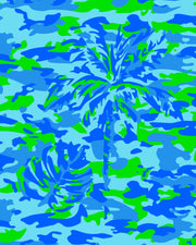 A close-up of the CAMO POP print featuring palm trees in bright blue and lime green, popping colors of camouflage.