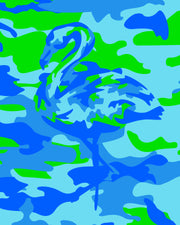 A close-up of the CAMO POP print featuring flamingos in bright blue and lime green, popping colors of camouflage.