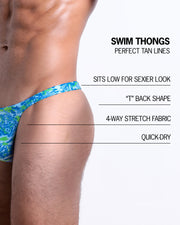 Infographic explaining the many features of the BANG! Clothes Swim Thongs. These Summer speedo fit men's swimsuit is perfect tanning, they sit low for sexier look, "T" back shape, 4-way stretch fabric, and are quick-dry.