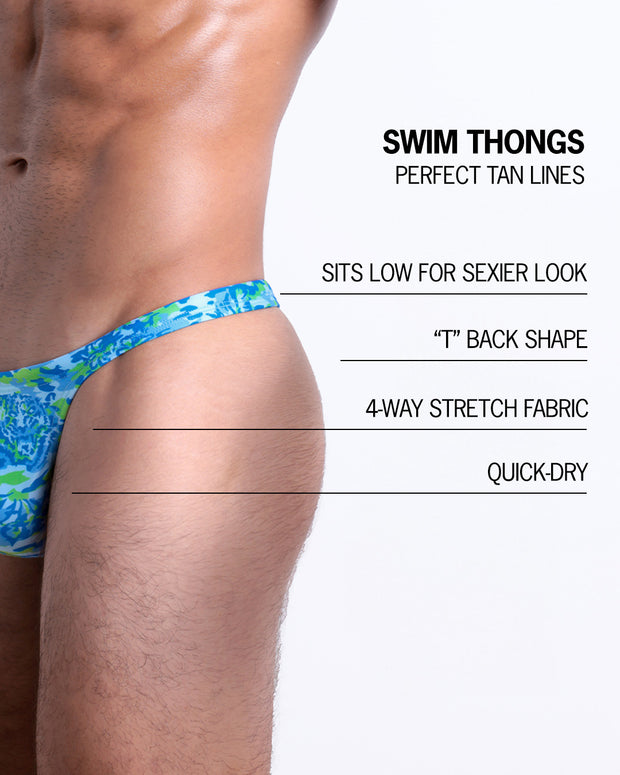 Infographic explaining the many features of the BANG! Clothes Swim Thongs. These Summer speedo fit men&