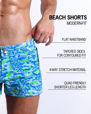 Infographic displaying the modern fit of BANG! Clothes' Beach Shorts. These shorts feature a flat waistband, contoured tapered sides, 4-way stretch material, and a shorter leg length designed to provide a comfortable and stylish fit, particularly accommodating for the quads.