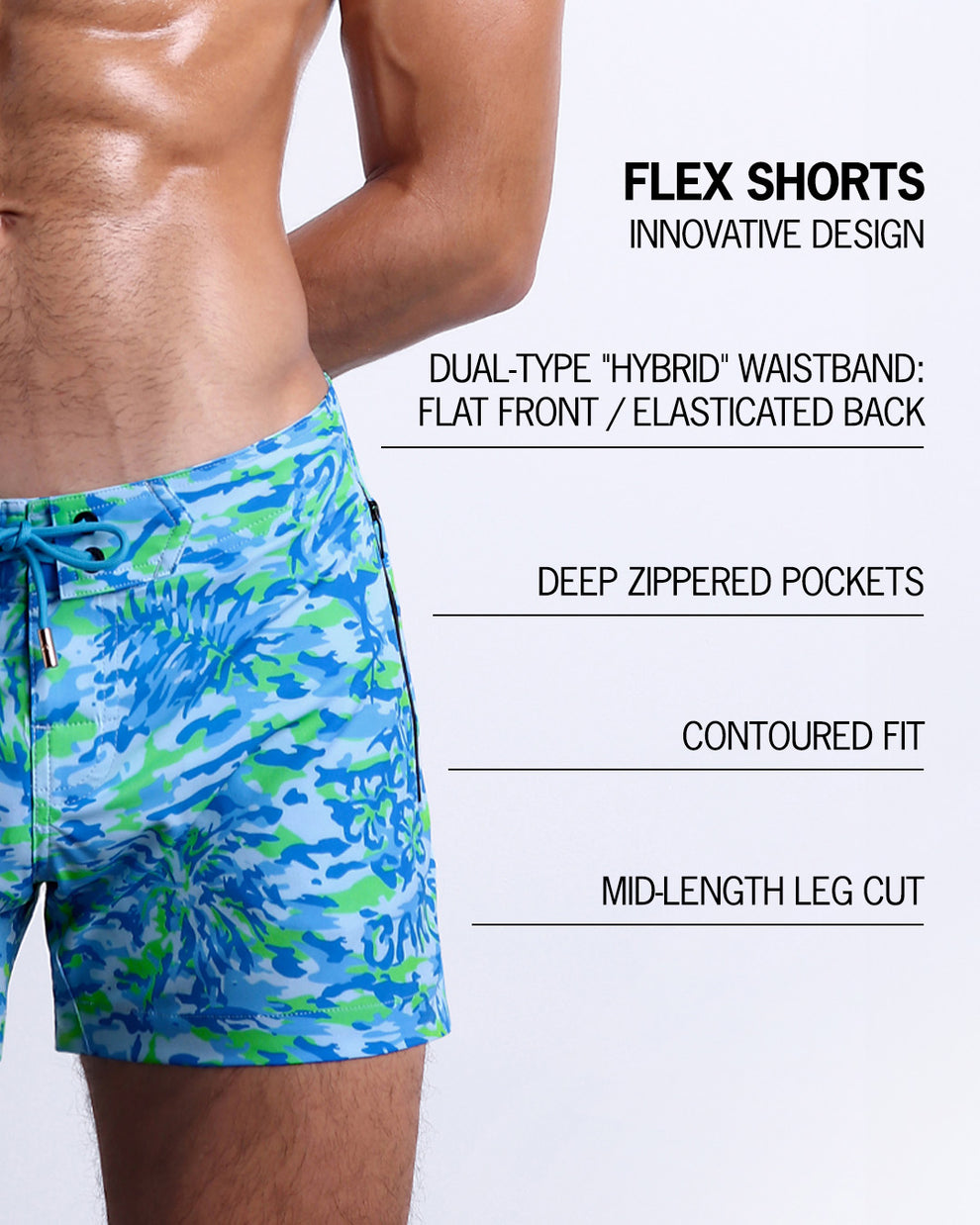 Infographic explaining the innovative design of the FLEX SHORTS. They're dual-type "hybrid" waistband, deep zippered pockets, contoured fit and mid-length leg cut by BANG! Clothes based in Miami.