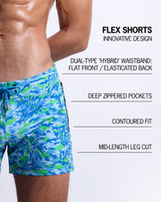 Infographic explaining the innovative design of the FLEX SHORTS. They're dual-type "hybrid" waistband, deep zippered pockets, contoured fit and mid-length leg cut by BANG! Clothes based in Miami.