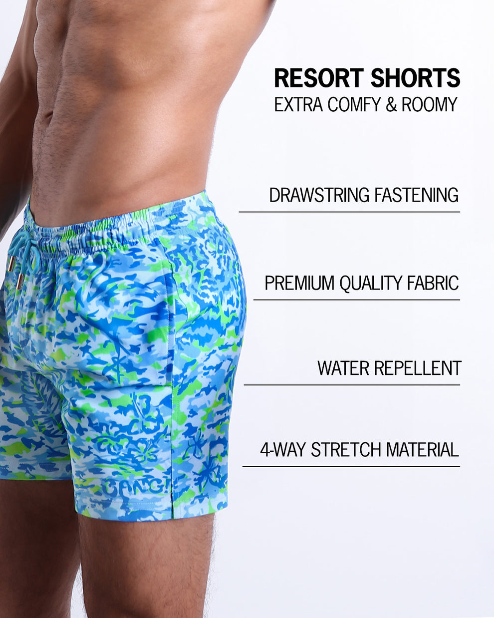 Infographic explaining how extra comfy and roomy Resort Shorts. They have drawstring fastening, quality fabric, quick-dry, water repellent, 4-way stretch material features of the resort shorts. 
