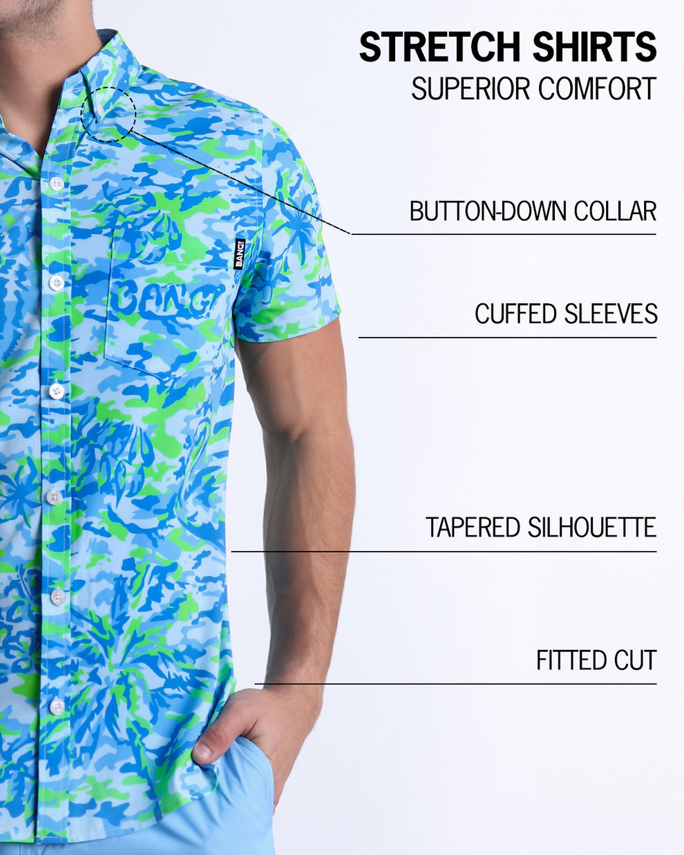 An infographic explaining the features of the men’s sleeveless Hawaiian Stretch Shirt. The shirt offers superior comfort, a fitted cut, tapered silhouette, cuffed sleeves, and a button-down collar.