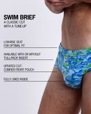 Infographic explaining the classic cut with a tune-up CAMO POP (BLUE/GREEN) Swim Brief by BANG! Clothes. These men swimsuit is low-rise seat for optimal fit, available with or without 'Full-Pack' insert, comfier front pouch, and fully lined inside.