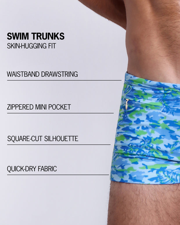 Infographic explaining the Swim Trunks swimming shorts by BANG! These Swim Trunks have a skin-hugging fit, have separate waistband construction, zippered mini pocket, square-cut form-fitting silhouette and quick-dry fabric.