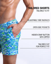 Infographic explaining the Tailored Shorts features and how they're tailored to fit every body form. They have hidden snap button with zipper, reinforced side pockets, and welded back pocket with zipper premium quality beach shorts for men.