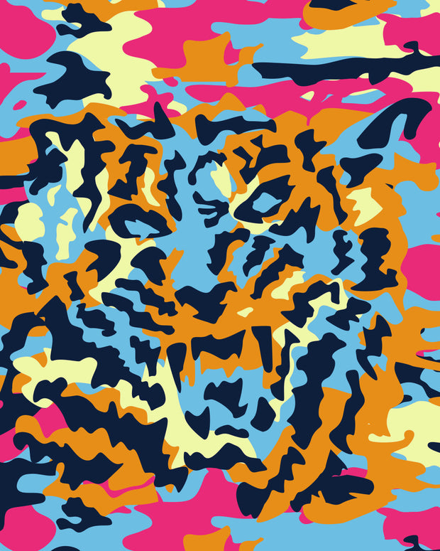 A tiger in bright pink, orange, navy, blue, and pale yellow pops out from the CAMO POP print, adding a colorful twist to the classic camouflage pattern.