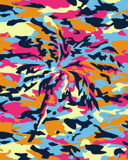 A palm tree in bright pink, orange, navy, blue, and pale yellow pops out from the CAMO POP print, adding a colorful twist to the classic camouflage pattern.