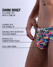 Infographic explaining the classic cut with a tune-up CAMO POP (COLOR MIX) Swim Brief by BANG! Clothes. These men swimsuit is low-rise seat for optimal fit, available with or without 'Full-Pack' insert, comfier front pouch, and fully lined inside.