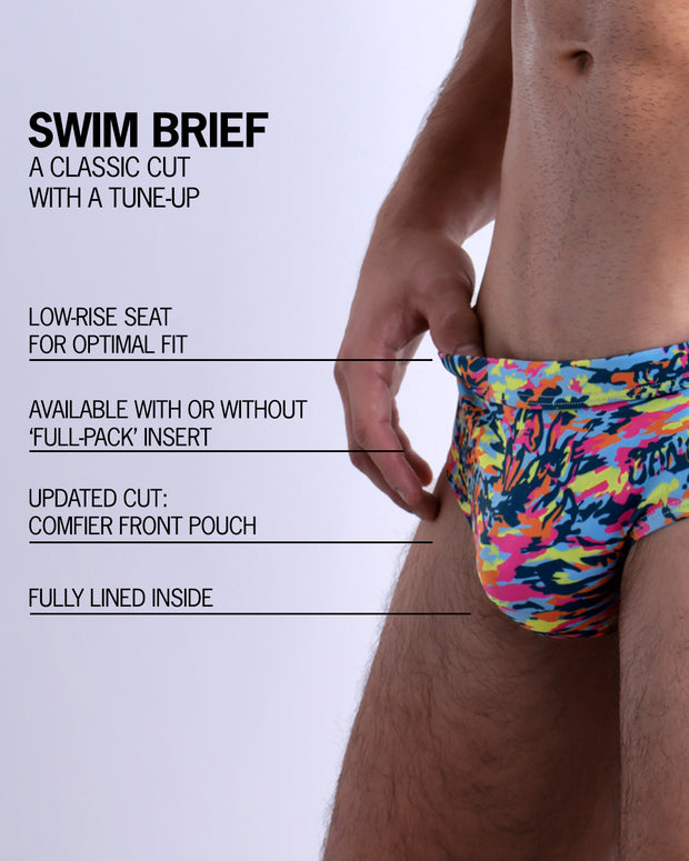 Infographic explaining the classic cut with a tune-up CAMO POP (COLOR MIX) Swim Brief by BANG! Clothes. These men swimsuit is low-rise seat for optimal fit, available with or without &