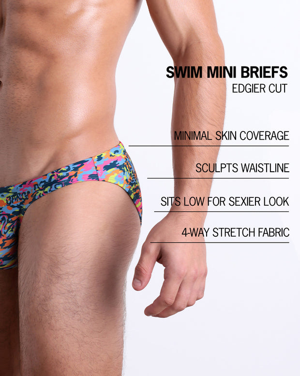 Infographic explaining the features of the CAMO POP (COLOR MIX) Swim Mini-Brief made by BANG! Clothes. These edgier cut mens swimsuit are minimal skin coverage, sculpts waistline, sits low for sexier look, and 4-way stretch fabric.