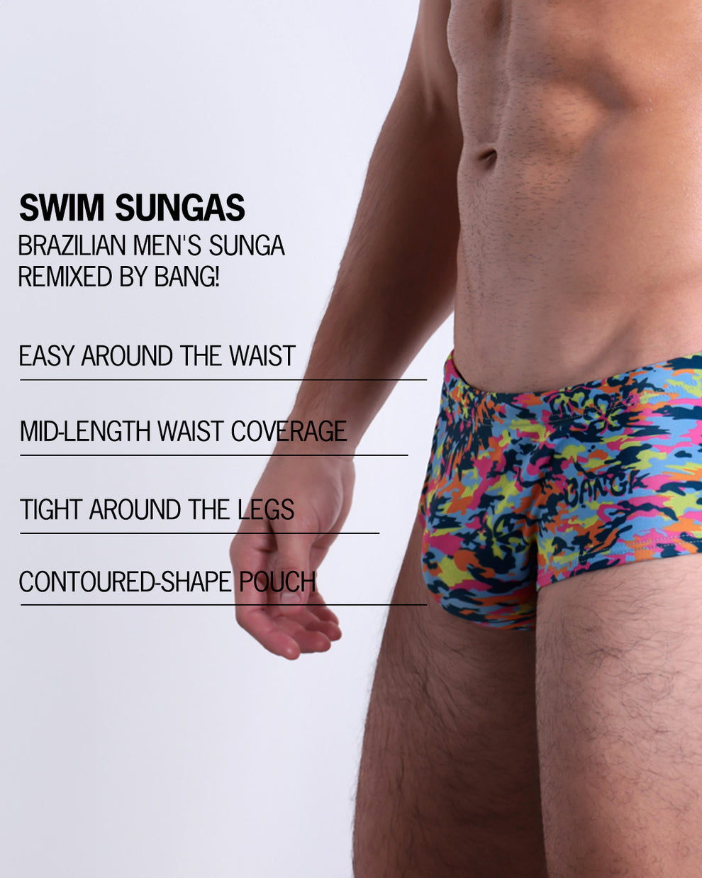 Infographic explaining the Brazilian Men's Swim Sunga remixed by BANG! These Swim Sunga are easy around the waist, are mid-length waist coverage, are tight aroung the legs, and have contoured-shape pouch.