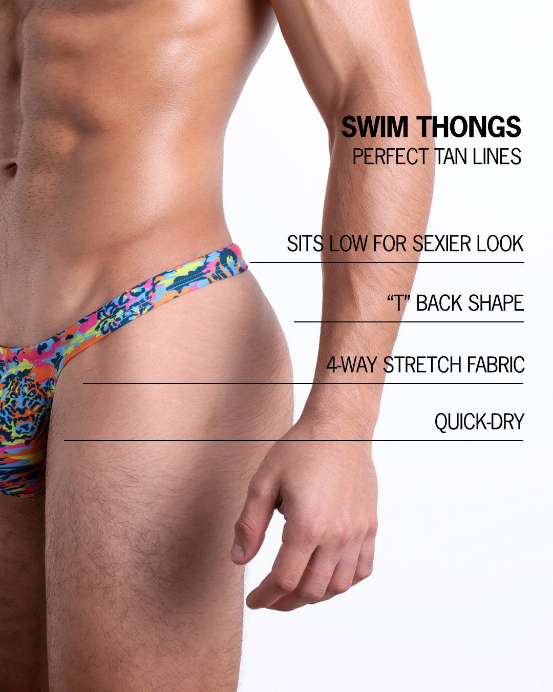 Infographic explaining the many features of the BANG! Clothes Swim Thongs. These Summer speedo fit men's swimsuit is perfect tanning, they sit low for sexier look, "T" back shape, 4-way stretch fabric, and are quick-dry.