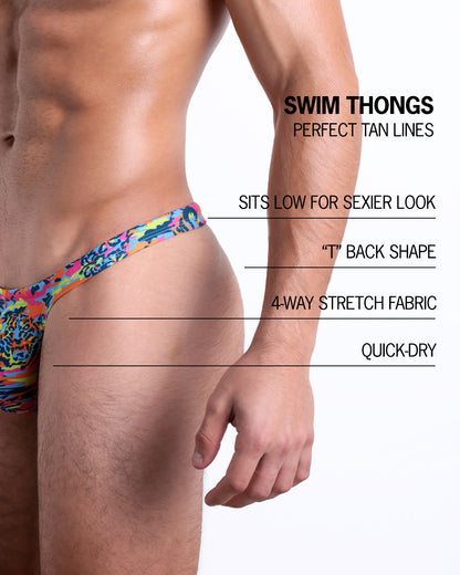 Infographic explaining the many features of the BANG! Clothes Swim Thongs. These Summer speedo fit men's swimsuit is perfect tanning, they sit low for sexier look, "T" back shape, 4-way stretch fabric, and are quick-dry.