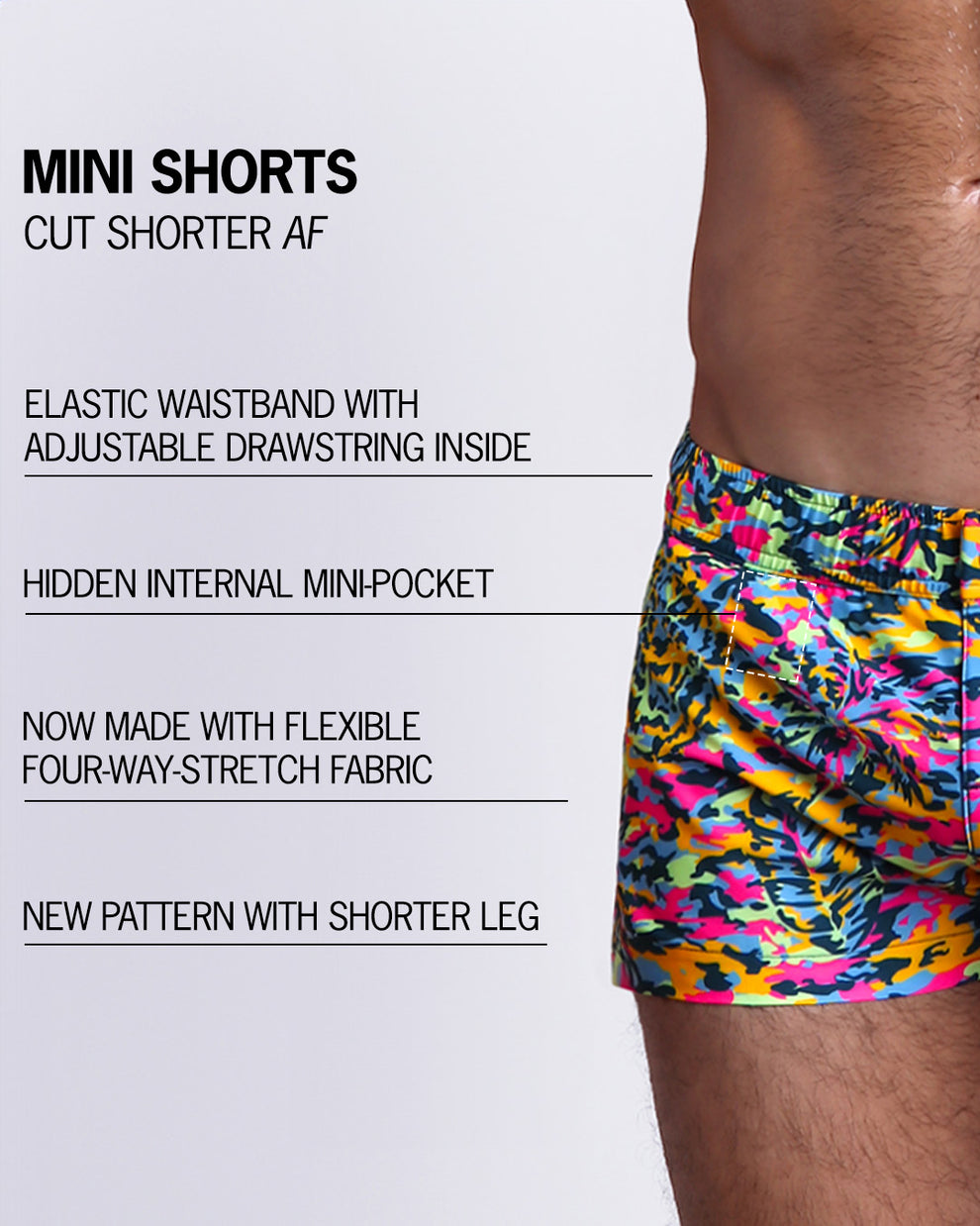 Infographic explaining the many features of Bang!'s Mini Shorts. These MINI SHORTS have elastic waistband with adjustable drawstring inside, hidden internal mini-pocket, 4-way stretch fabric, and are quad friendly with shorter leg length. 