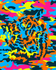 A tiger in bright pink, orange, navy, vibrant blue, and fluorescent yellow pops out from the CAMO POP print, adding a colorful twist to the classic camouflage pattern.