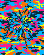 A palm tree in bright pink, orange, navy, vibrant blue, and fluorescent yellow pops out from the CAMO POP print, adding a colorful twist to the classic camouflage pattern.