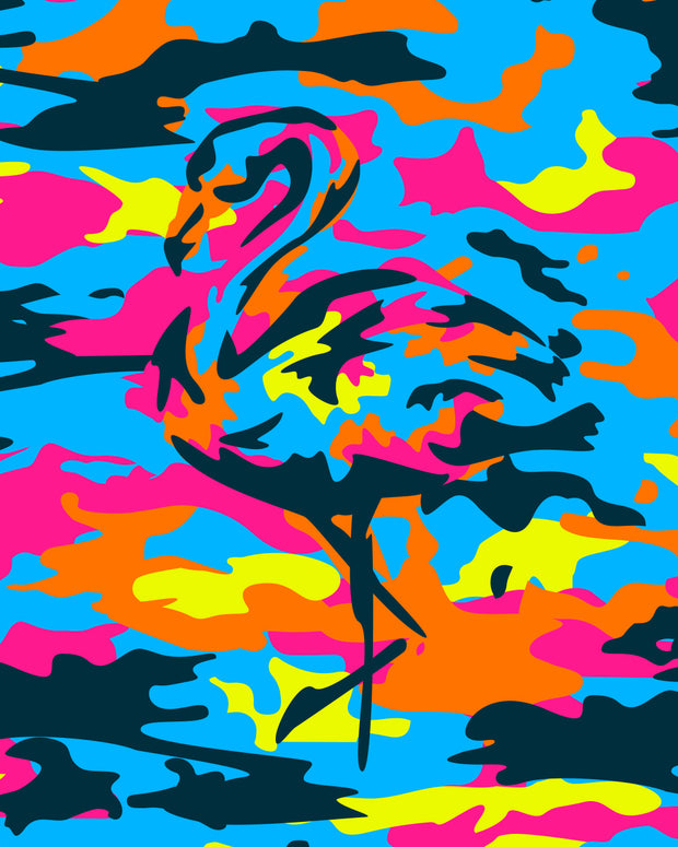 A flamingo in bright pink, orange, navy, vibrant blue, and fluorescent yellow pops out from the CAMO POP print, adding a colorful twist to the classic camouflage pattern.