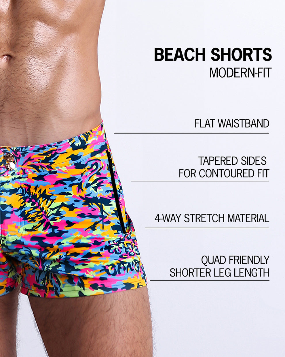 Infographic displaying the contemporary fit of BANG! Clothes' Beach Shorts. These shorts feature a flat waistband, contoured tapered sides, 4-way stretch material, and a shorter leg length designed to provide a comfortable and stylish fit, particularly accommodating for the quads.