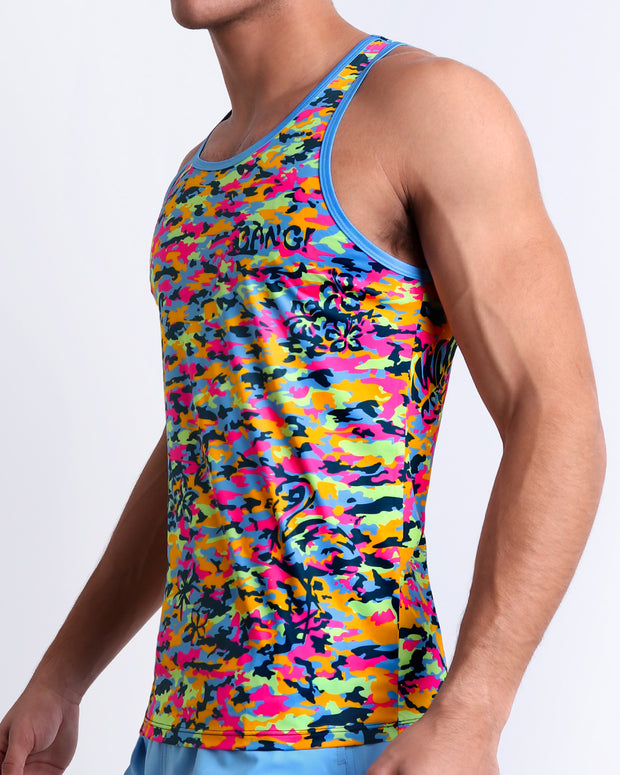 The side view of the CAMO POP (NEON MIX) casual tank top for men, featuring a colorful neon camo print designed by BANG! Clothes in Miami. This tank top is perfect for any activity, such as working out or CrossFit.