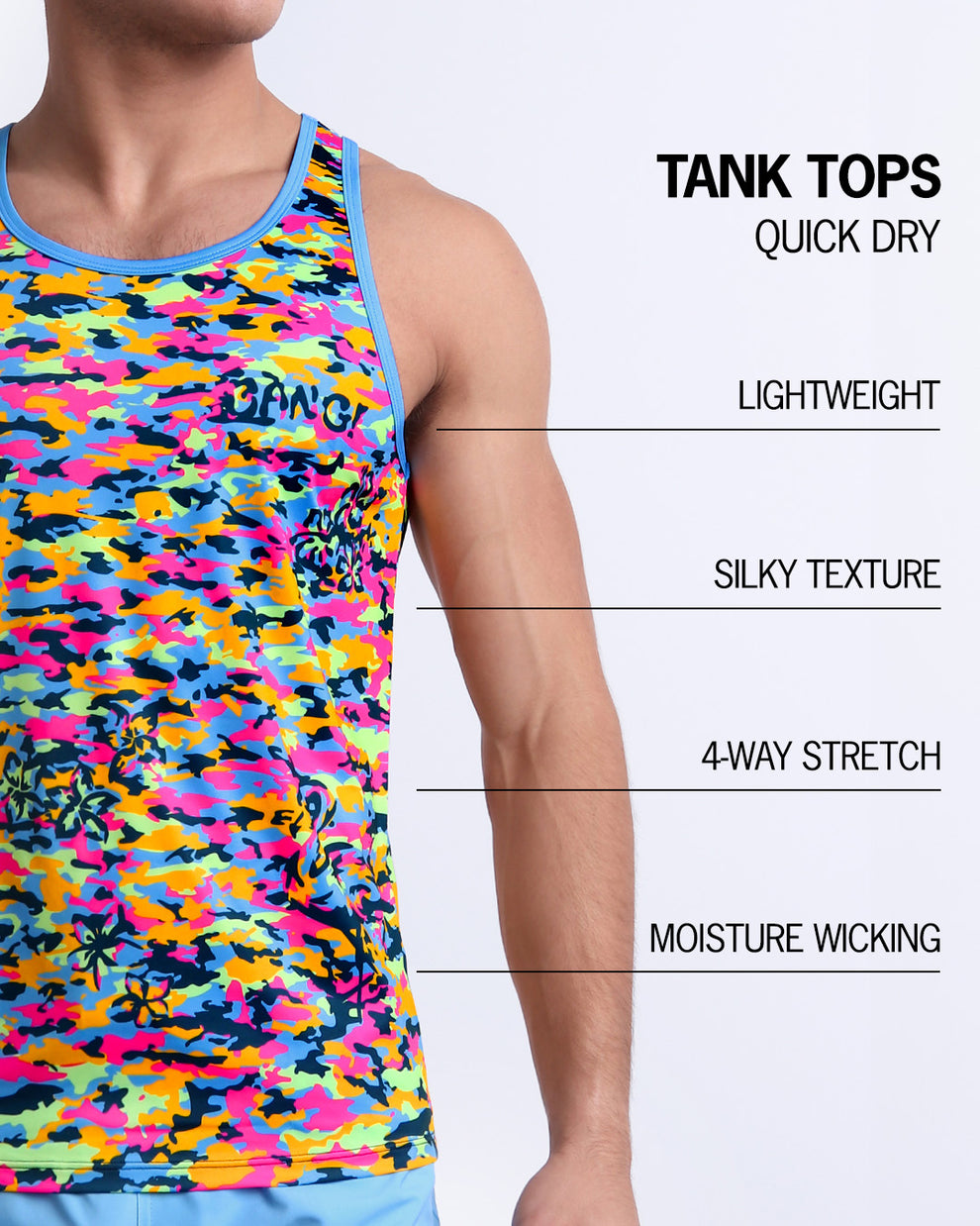Infographic explaining how lightweight, silky texture, 4-way stretch, moistute wicking material of the BANG! clothes fitness tank top.