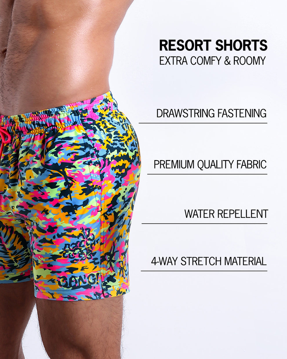 Infographic explaining how extra comfy and roomy Resort Shorts. They have drawstring fastening, quality fabric, quick-dry, 4-way stretch material features of the resort shorts. 