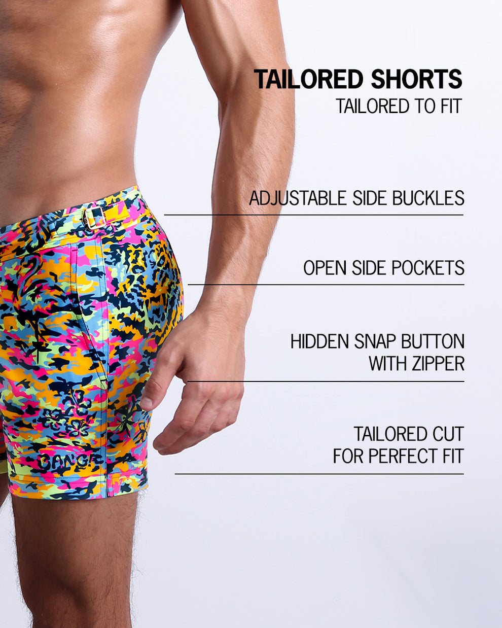 Infographic explaining the Tailored Shorts features and how they're tailored to fit every body form. They have hidden snap button with zipper, reinforced side pockets, and welded back pocket with zipper premium quality beach shorts for men.