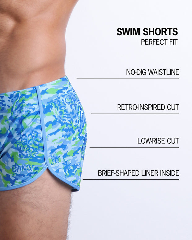 Infographics explaining how perfect the BANG! Clothes Swim Shorts in CAMO POP (BLUE/GREEN). They have a no-dig waistline, retro-inspired cut, low-rise cut, and have a brief-shaped liner inside.