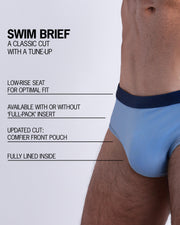 Infographic explaining the classic cut with a tune-up CASINO ROYALE (BLUE) Swim Brief by BANG! Clothes. These men swimsuit is low-rise seat for optimal fit, available with or without 'Full-Pack' insert, comfier front pouch, and fully lined inside.
