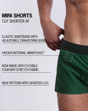 Infographic explaining the many features of Bang!'s Mini Shorts. These MINI SHORTS have elastic waistband with adjustable drawstring inside, hidden internal mini-pocket, 4-way stretch fabric, and are quad friendly with shorter leg length. 